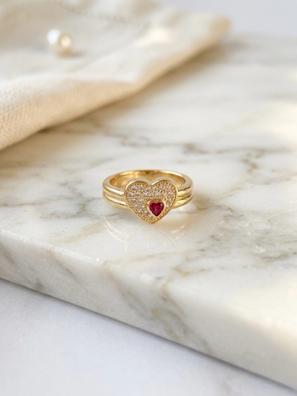 ANILLO RODIO CORAZON Y CIRCON ROSA DORADO