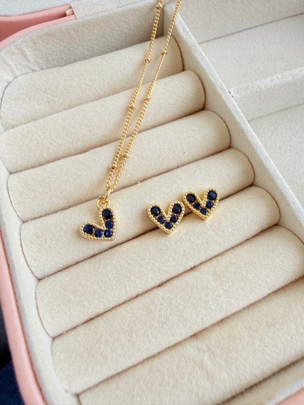SET CADENA Y TOPOS CORAZONES PEQUEÑOS AZUL TURQUI DORADO