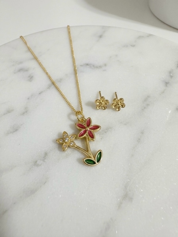 SET CADENAS Y TOPOS FLORES CIRCONES Y FLOR ROJA DORADO