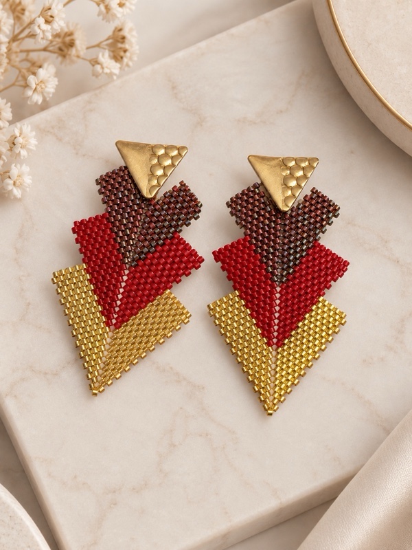 ARETES TEJIDOS MIYUKI ROJOS DORADOS Y COMBINADOS COLORES