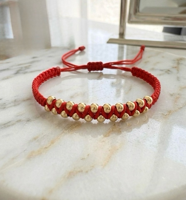 PULSERA MACRAME ROJO BALINES RODIO COLORES