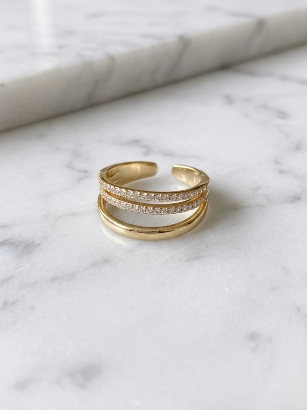 ANILLO 3 LINEAS RODIO CON CIRNONES DORADO