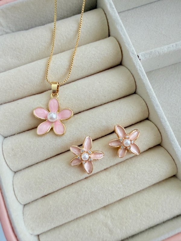 SET CADENA Y TOPOS FLOR ROSA DORADO