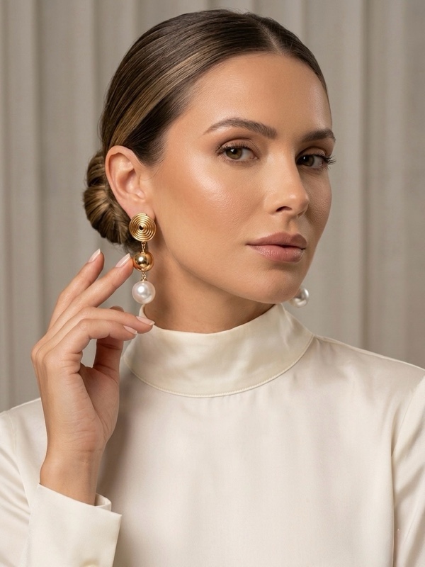 ARETES RODIO LARGOS ESPIRAL, BALIN Y PERLA DORADO