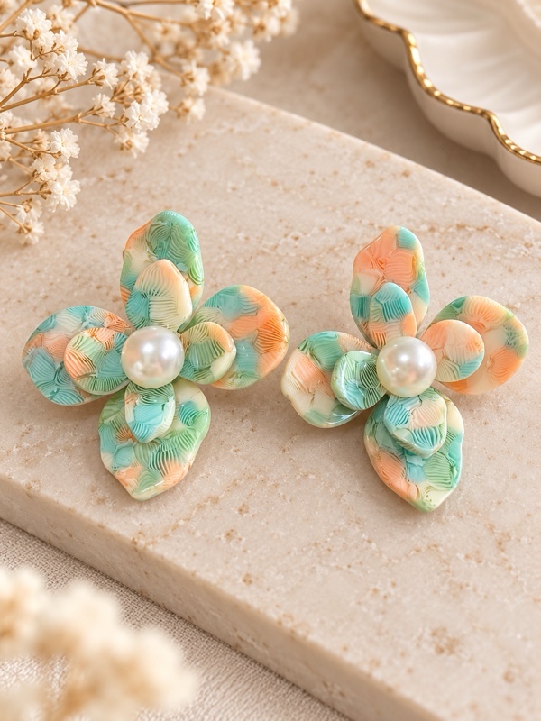 ARETE EN PASTA FLOR DOBLE COMBINADA PERLA BLANCA EN EL CENTRO COLORES