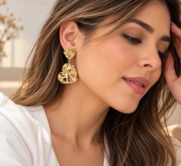 ARETES DOBLES CORAZON MARTILLADOS DORADO
