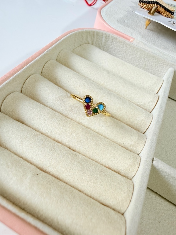 ANILLO CORAZON CIRCONES DE COLORES DORADO