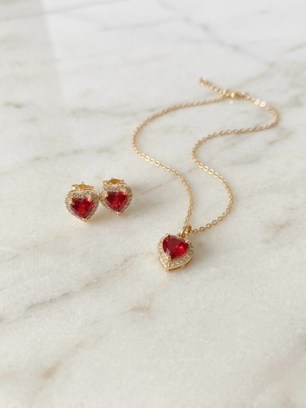 SET CADENA Y TOPOS CIRCON DE CORAZON ROJO DORADO
