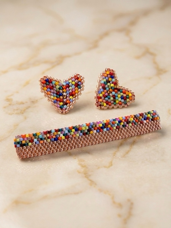 SET TOPOS CORAZ0N Y PULSERA EN MIYUKI DE COLORES COLORES