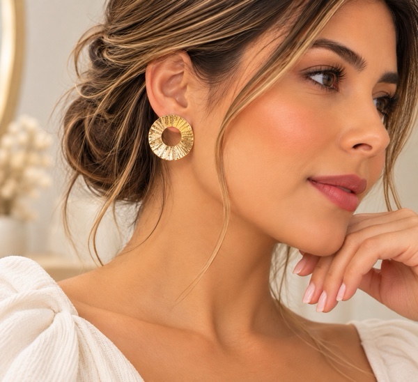 ARETES SILUETA CIRCULO RAYADO DORADO
