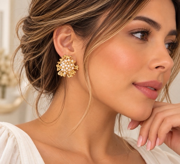 ARETES FLOR CON PERLITAS DORADO