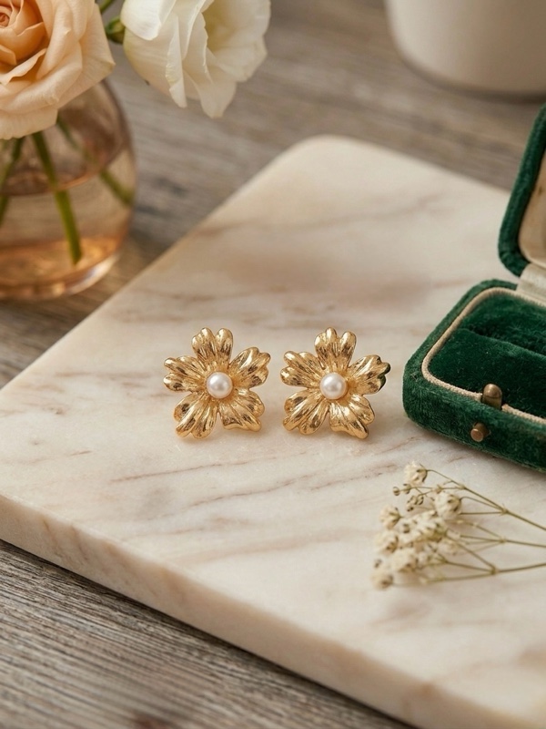 ARETES FLOR PEQUEÑA CON PERLA ACERO DORADO