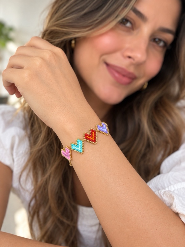 PULSERA TEJIDA MIYUKI DOBLE CORAZONES COLORES