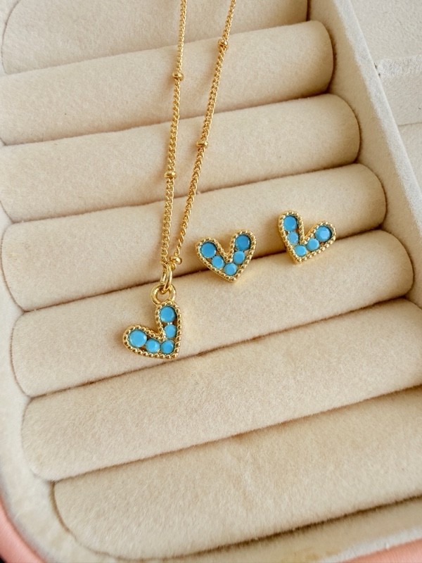 SET CADENA Y TOPOS CORAZONES PEQUEÑOS AZUL TURQUESA DORADO