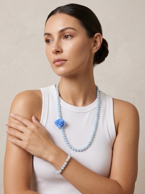 COLLAR Y PULSERA CUENTAS AZUL PASTEL CON DIJE FLOR 3D COLORES